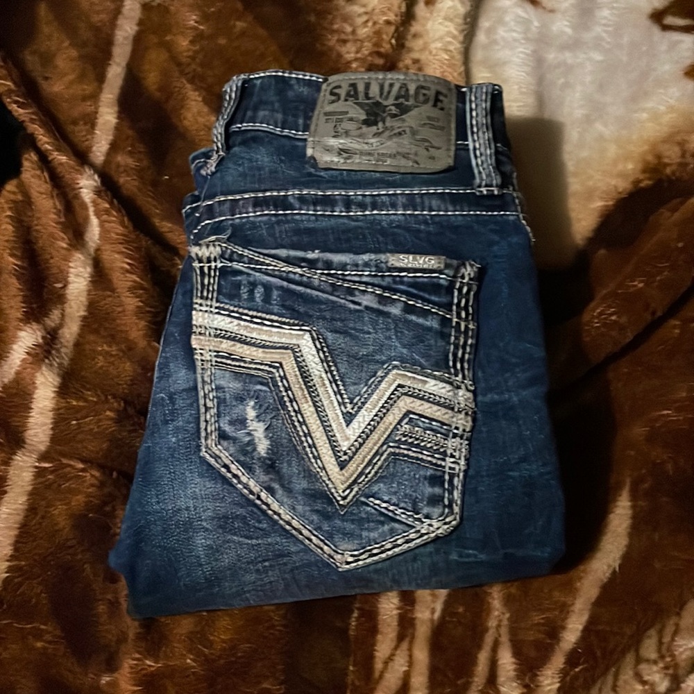 Salvage jeans, 29 waist, 30 length, Dark blue color, ripped jean